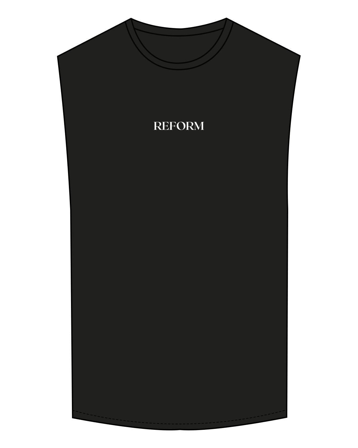 The Muscle Tank - Black - REFORM Pilates Studio - Center Chest & Back Neckline - Printed - White