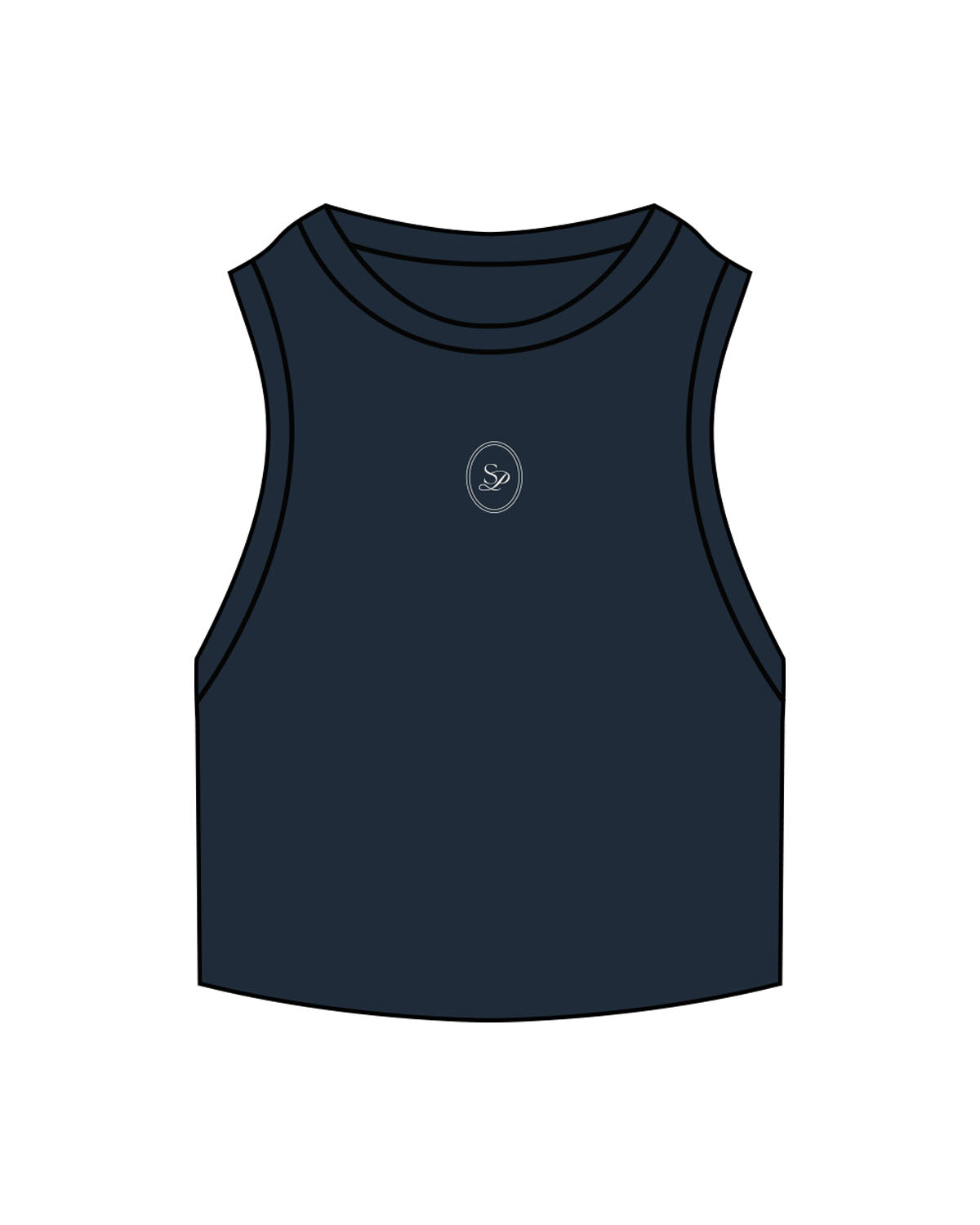 The Ribbed Crop Tank - Navy - Sense Pilates - Center Chest Icon Logo - Embroidered - Bone