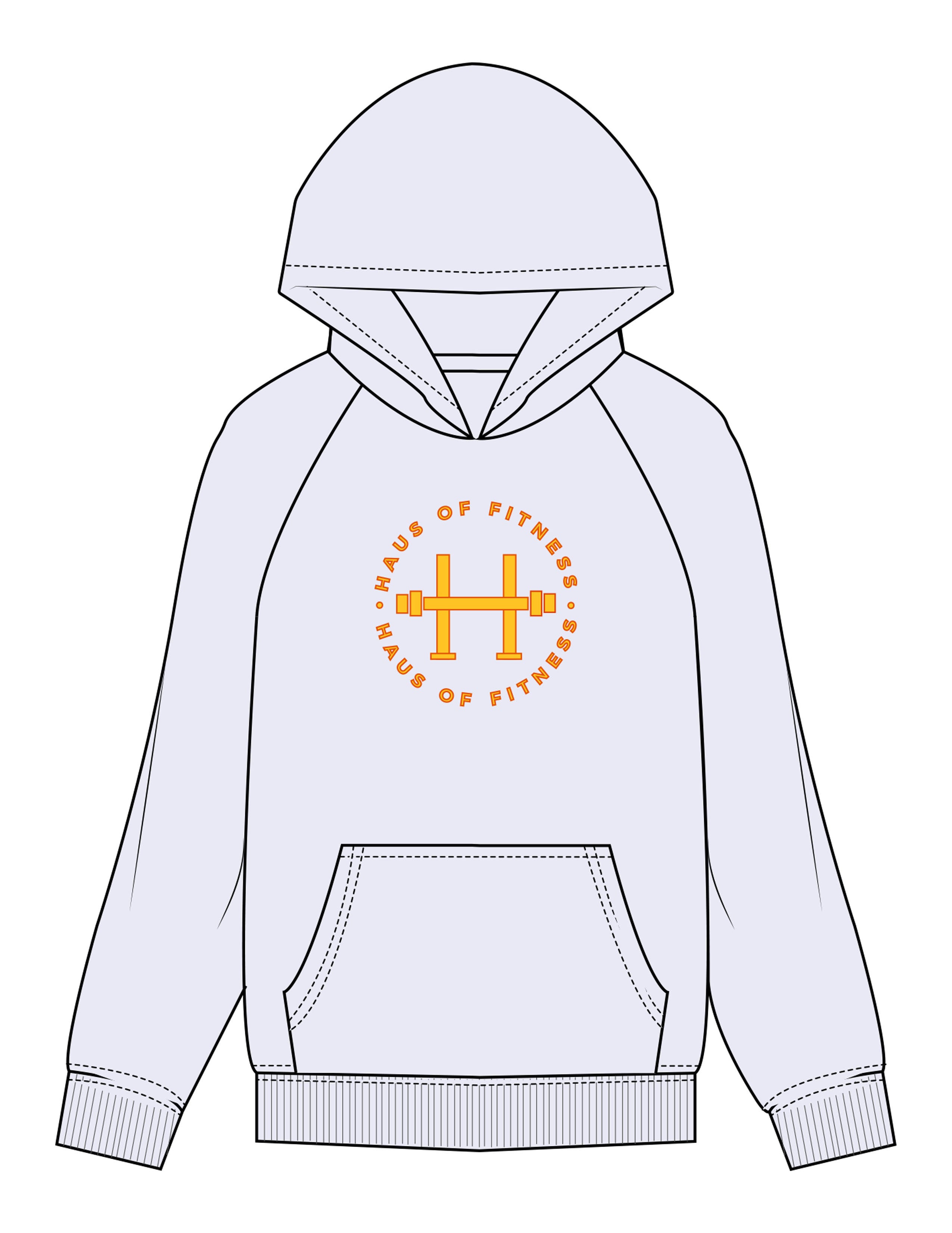 The Mens Hoodie - White Heather - Haus of Fitness - Center Chest Round & Back Stacked - Printed - Full Color