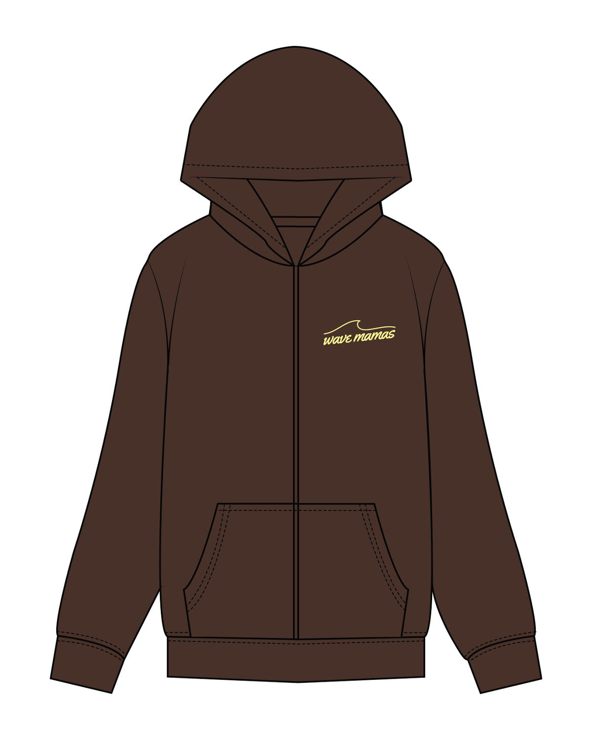 The Recycled Unisex Zip Hoodie - Brown - Wave Mamas - Left Chest & Center Back Stacked - Printed - Yellow