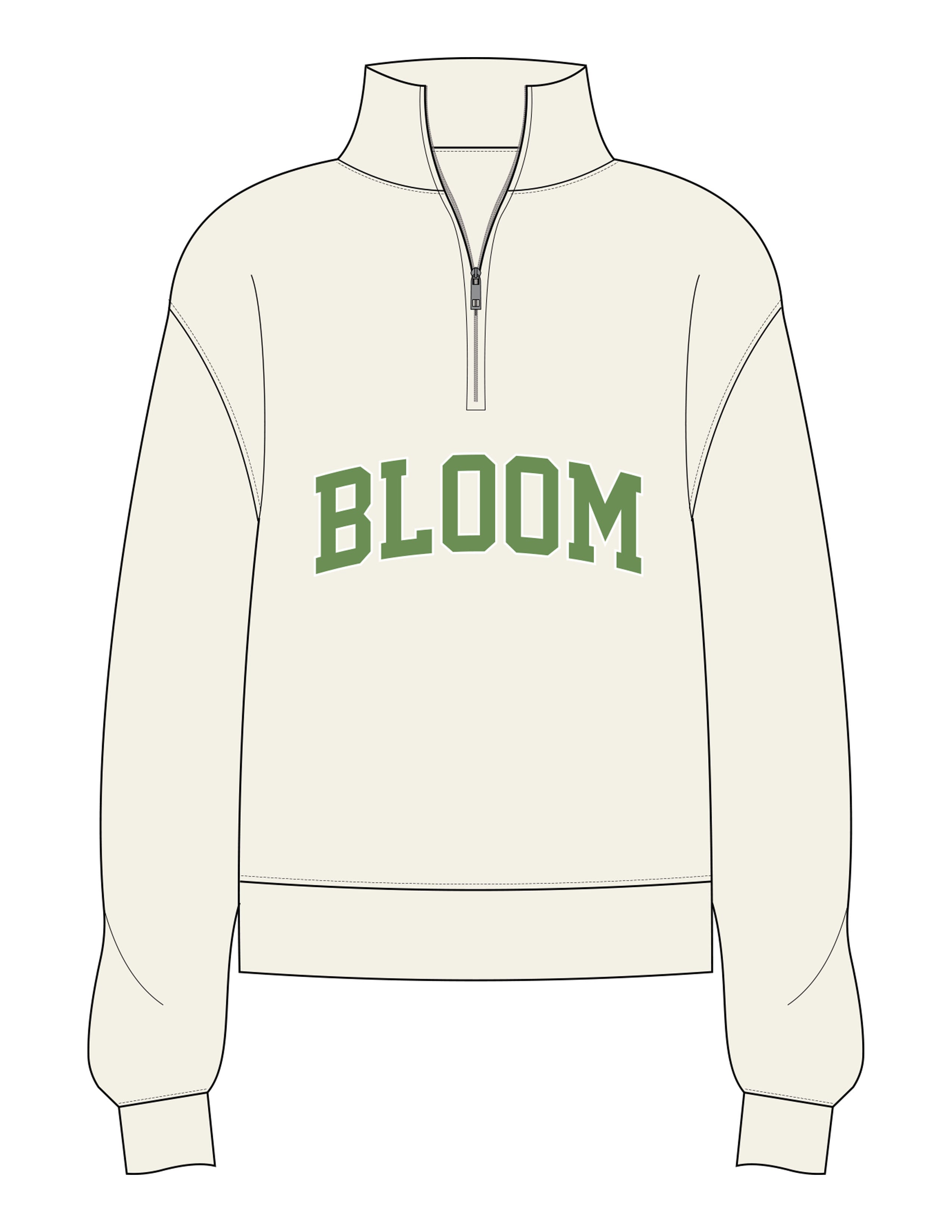 The Womens 1/4 Zip - Off White - Bloom Pilates - Center Front - Printed - Full Color