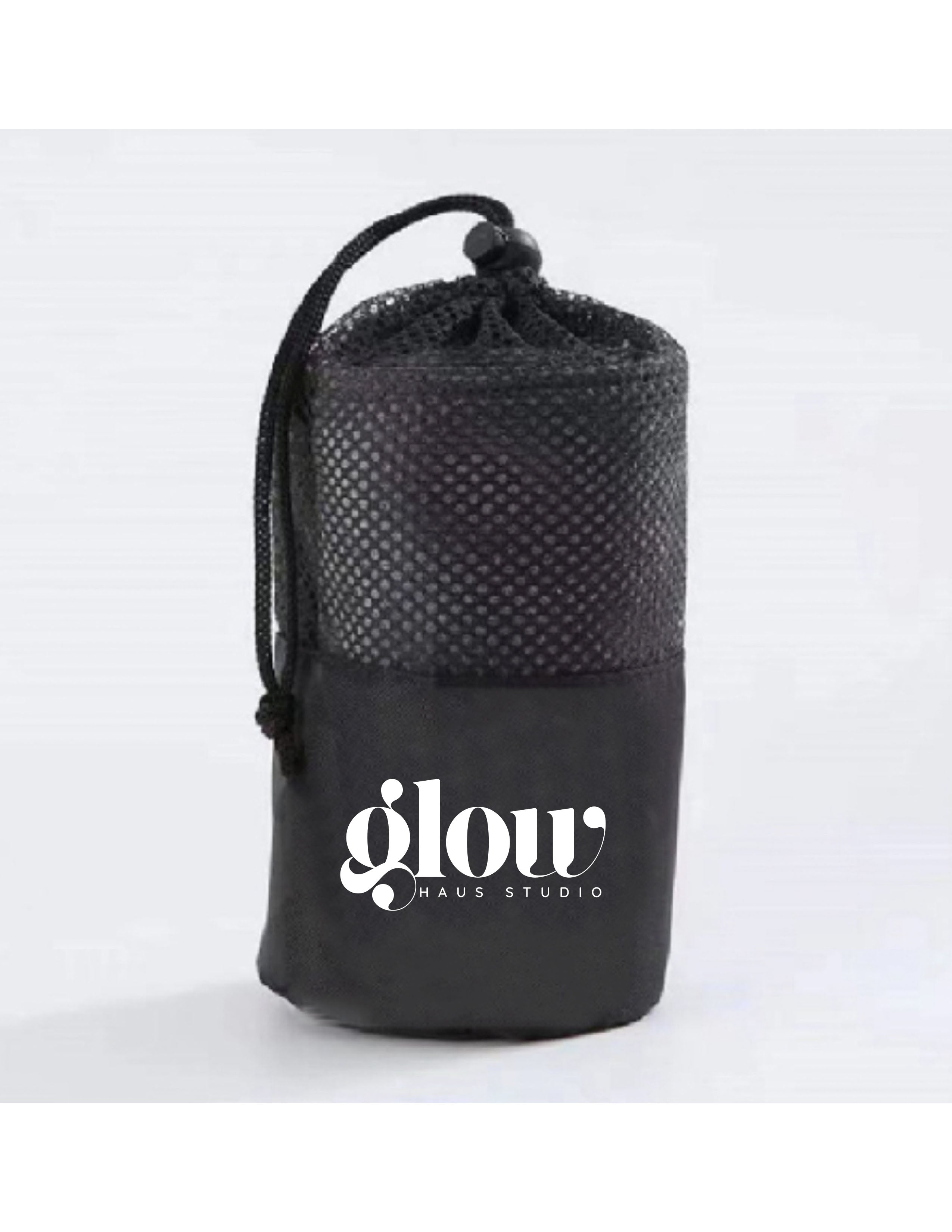 The Gym Towel - White - GLOWHAUS - Front Bottom Corner - Embroidered - Black - The Gym Towel Bag - Black - Center Body Stacked - Printed - White