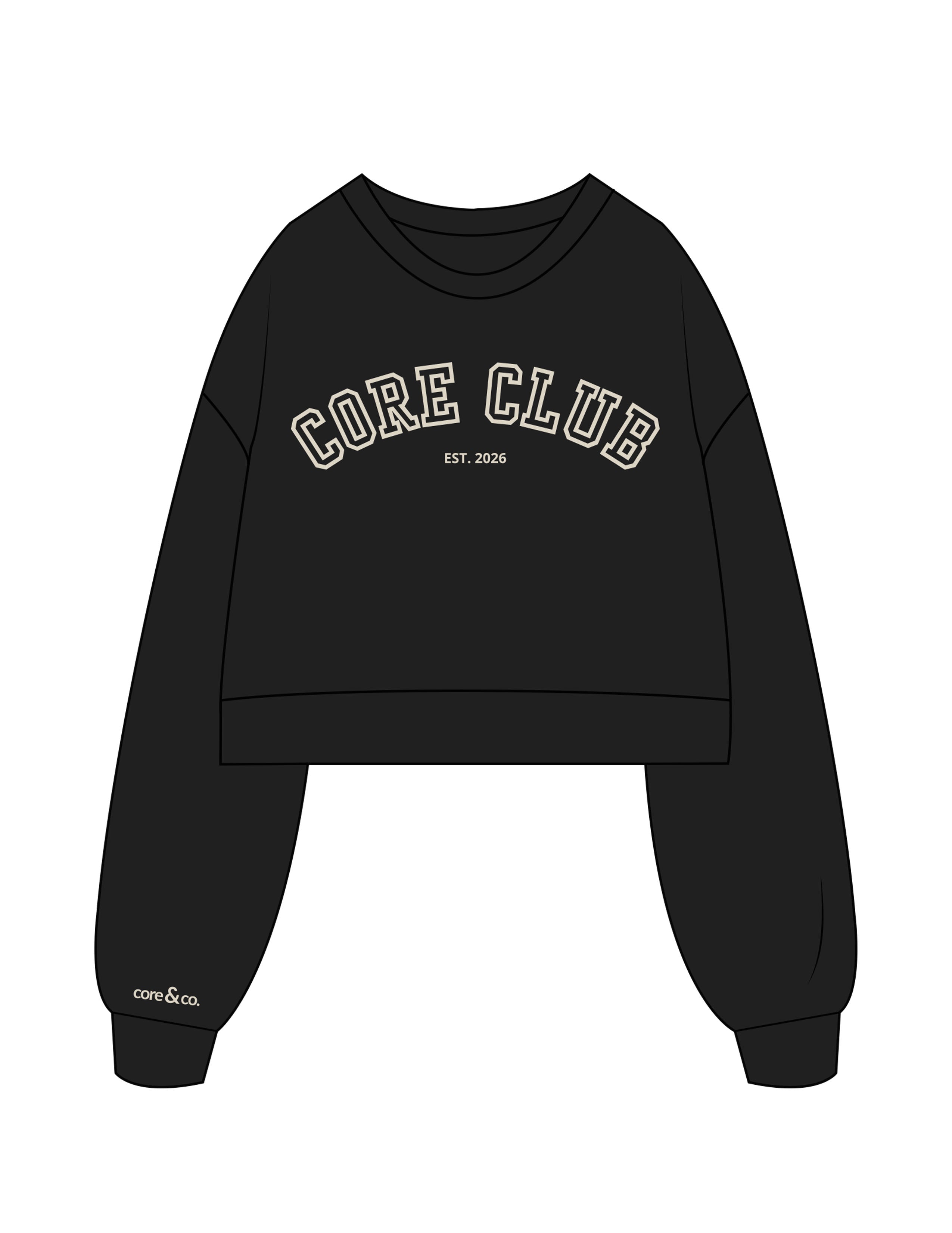 The Womens Crop Crewneck - Black - Core&Co - Center Chest Stacked & Right Wrist - Printed - Off White