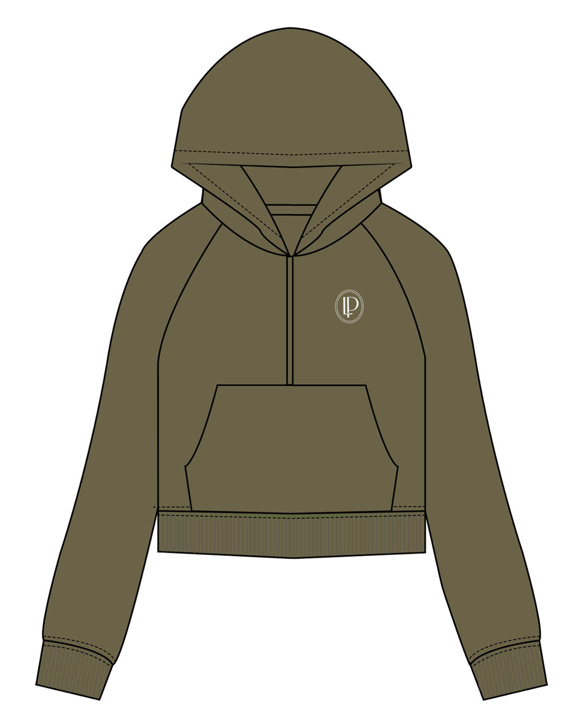 The Half Zip Hoodie - Olive - Lucky Penny - Left Chest Logo & Center Back Logo Stacked - Printed - White