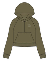 The Half Zip Hoodie - Olive - Lucky Penny - Left Chest Logo & Center Back Logo Stacked - Printed - White