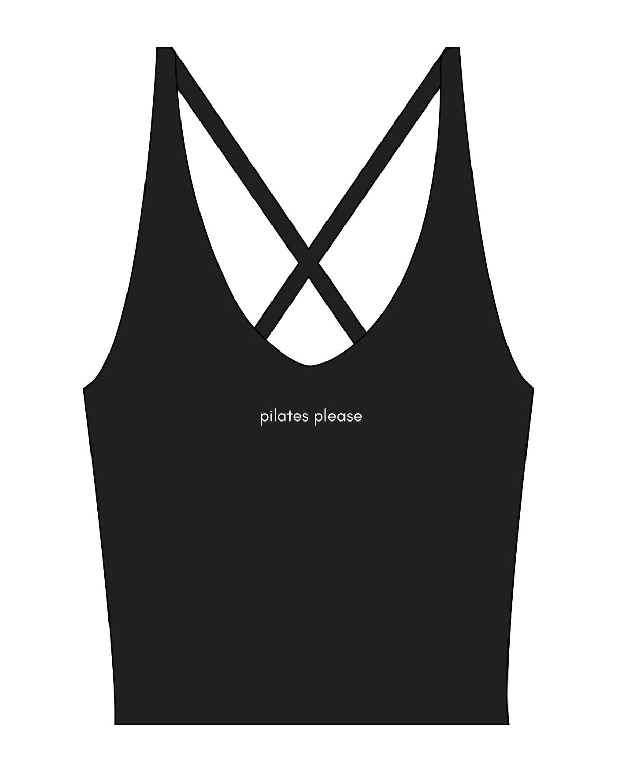 The Sporty Strappy Tank - Black - Pilates Please - Center Chest - Printed - White
