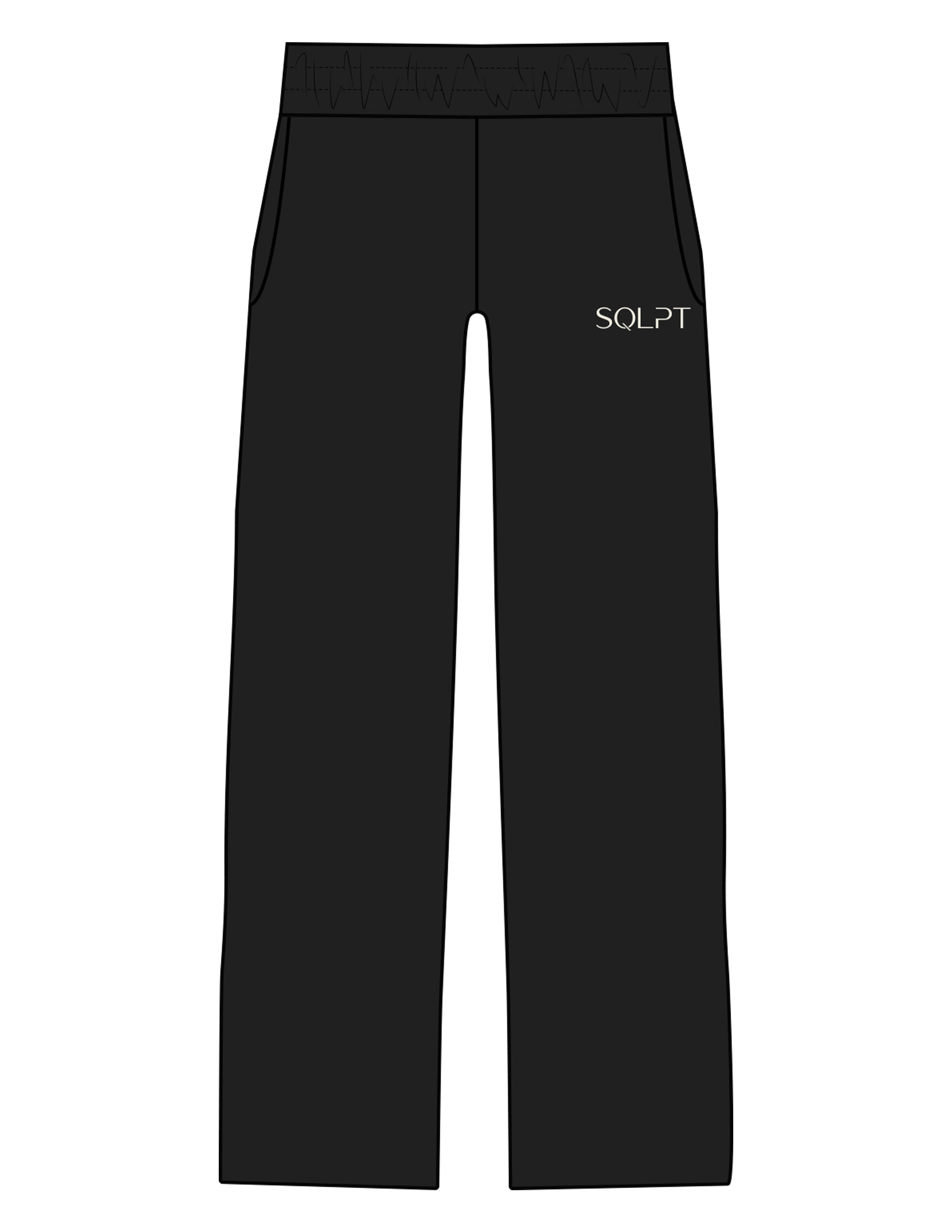 The Straight Leg Sweatpant - Black - SQLPT Pilates - Left Leg & Back Pocket - Embroidered - Off White