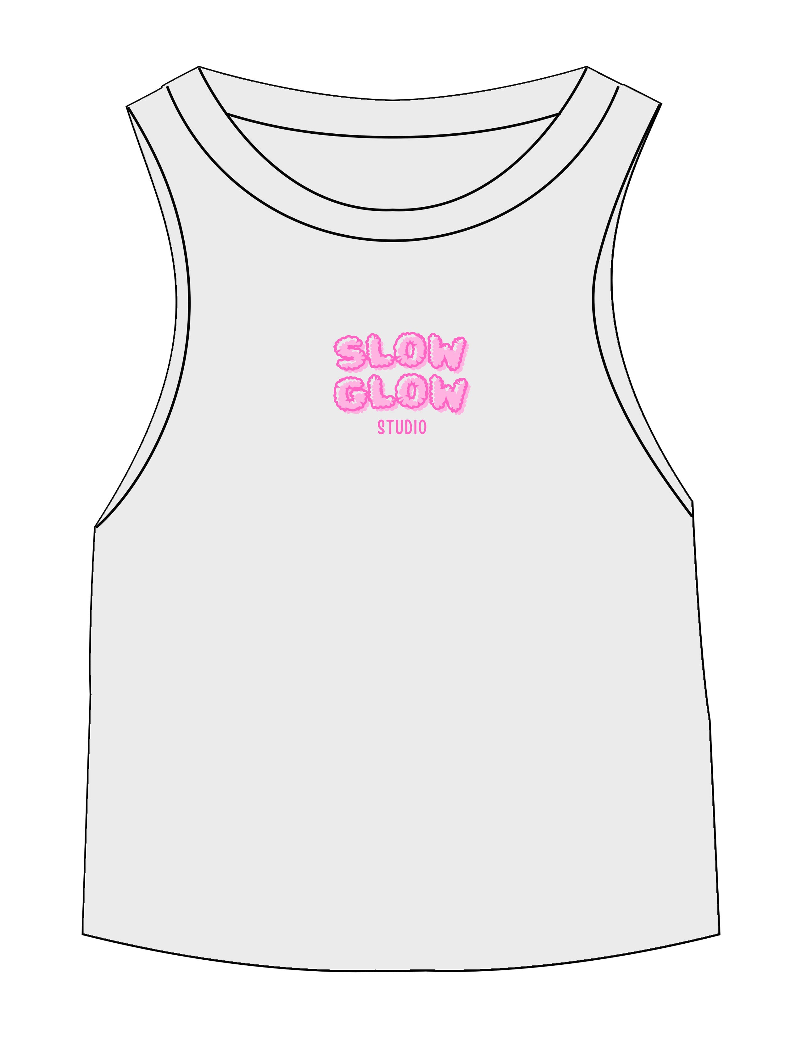 The Micro Rib Racer Crop - White - SLOW GLOW STUDIO - Center Chest Stacked - Printed - Full Color