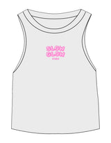 The Micro Rib Racer Crop - White - SLOW GLOW STUDIO - Center Chest Stacked - Printed - Full Color