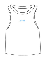 The Micro Rib Racer Crop - White - Powerhouse Fitness - Center Chest - Printed - Blue