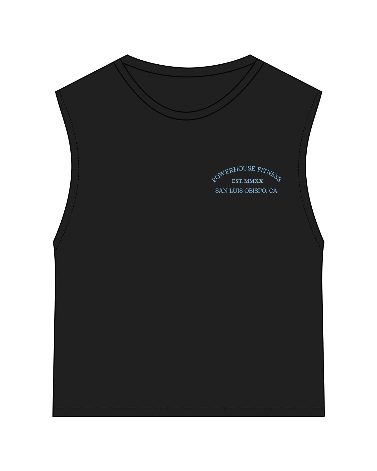 The Womens Classic Crop Tank - Black - Powerhouse Fitness - Left Chest Stacked & Center Back Stacked - Printed - Blue