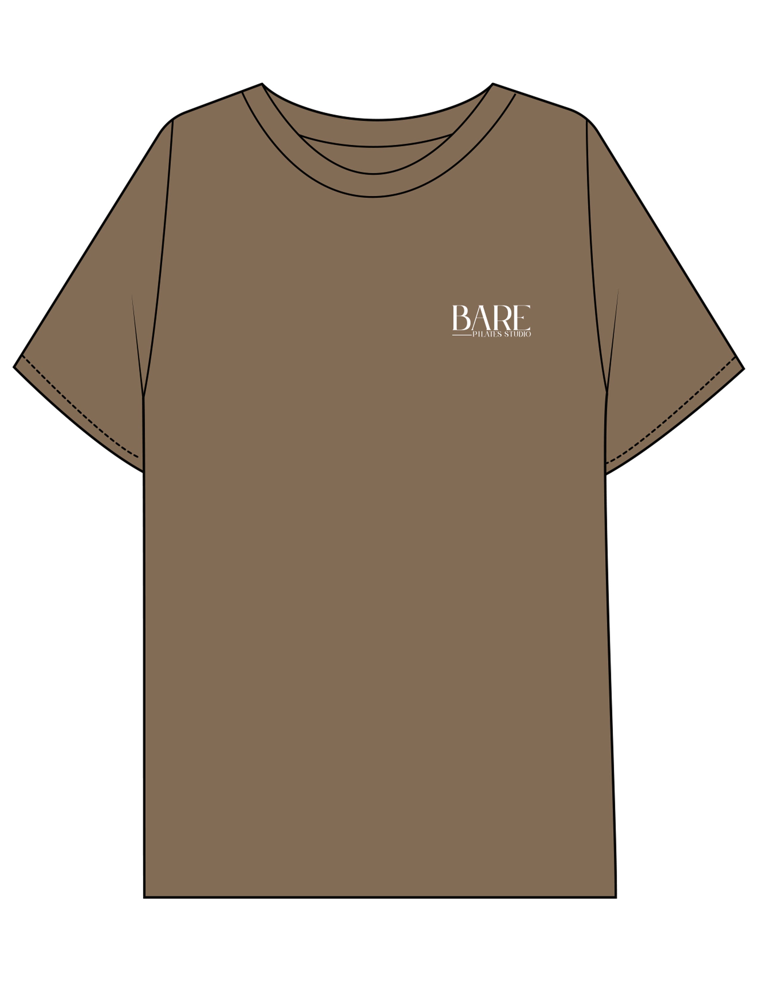 The Mens Boxy Tee - Walnut - Bare Pilates - Left Chest - Printed - White