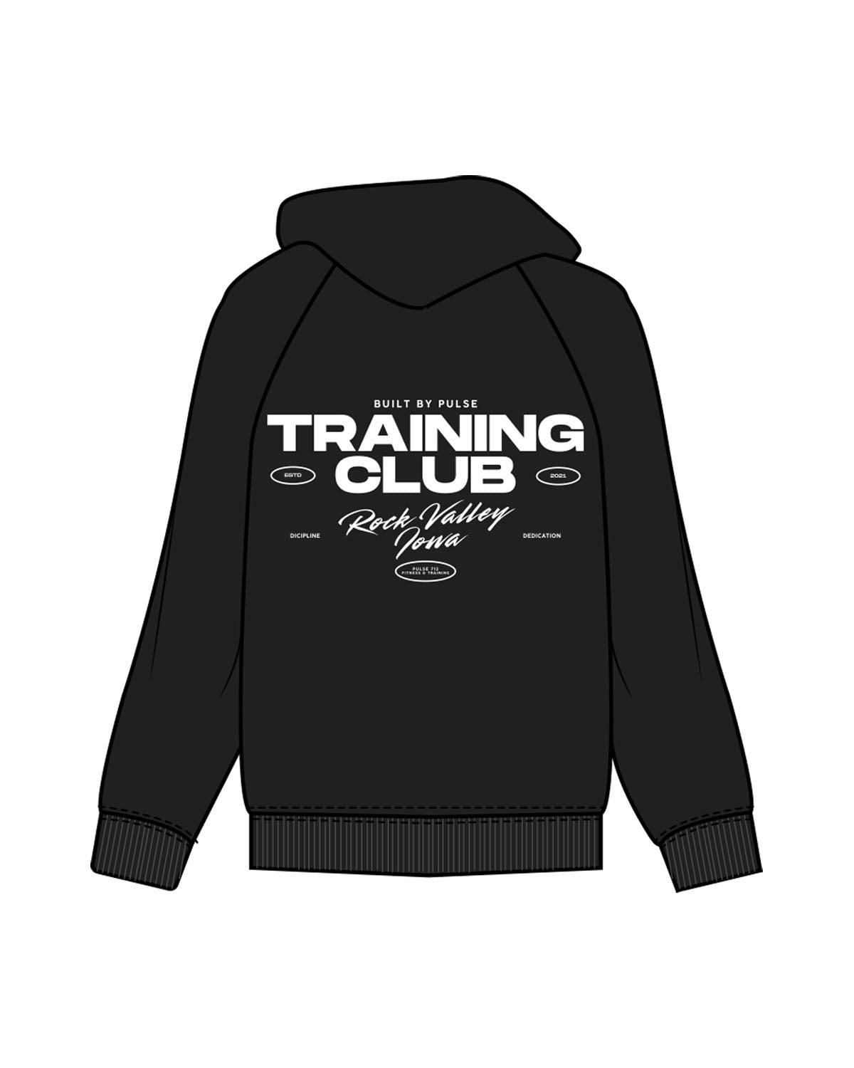 The Womens Hoodie - Black - Pulse 712 - Center Chest - Back Center Stacked - Rock Valley - Printed - White