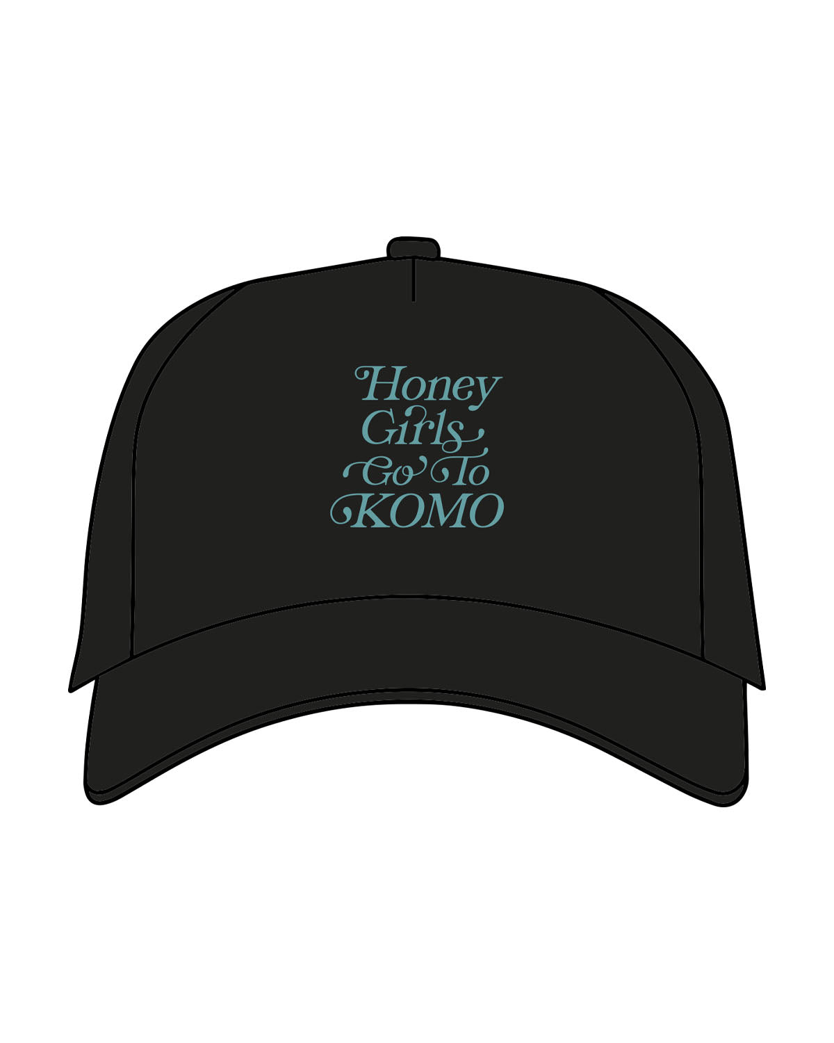 The 5 Panel Trucker Hat - Black - Komo Studio - Center Crown Stacked - Embroidered - Blue