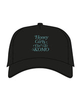 The 5 Panel Trucker Hat - Black - Komo Studio - Center Crown Stacked - Embroidered - Blue