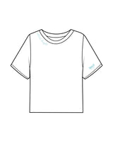 The Boxy Crop Tee - White - Squeeze Massage - Front Neckline & Left Sleeve - Printed - Turquoise