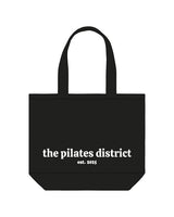 The Tote Bag - Black - THE PILATES DISTRICT - Center Bottom Stacked Words - Printed -  White