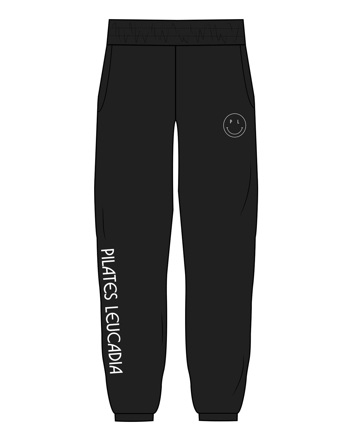 The Mens Sweatpants - Black - Pilates Leucadia - Right Leg Sleeve & Left Pocket - White