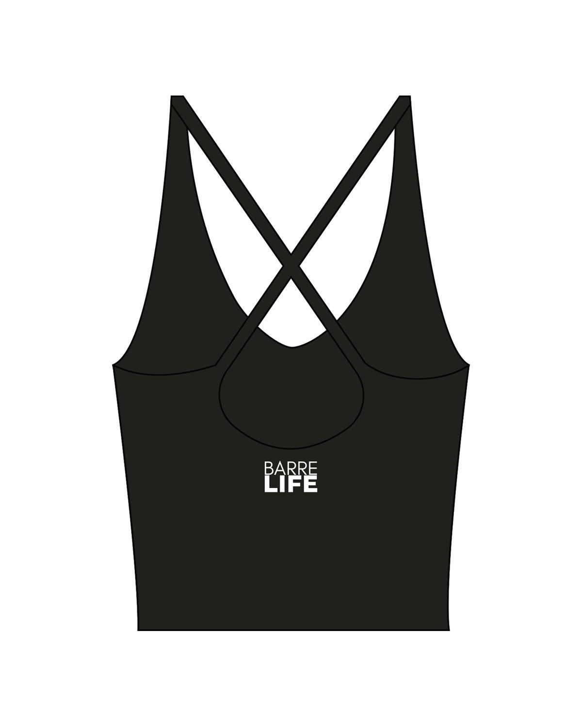 The Sporty Strappy Tank - Black - Barre Life - Back Center - Printed - White