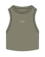The Ribbed Crop Tank - Eucalyptus - Pose Pilates - Center Chest - "POSE" - Embroidered - Off White