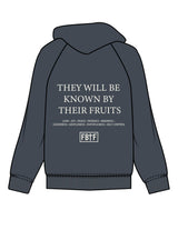 The Mens Classic Hoodie - Petrol - Fed By The Fruit - Chest Stacked & Back Stacked - Printed - Off White