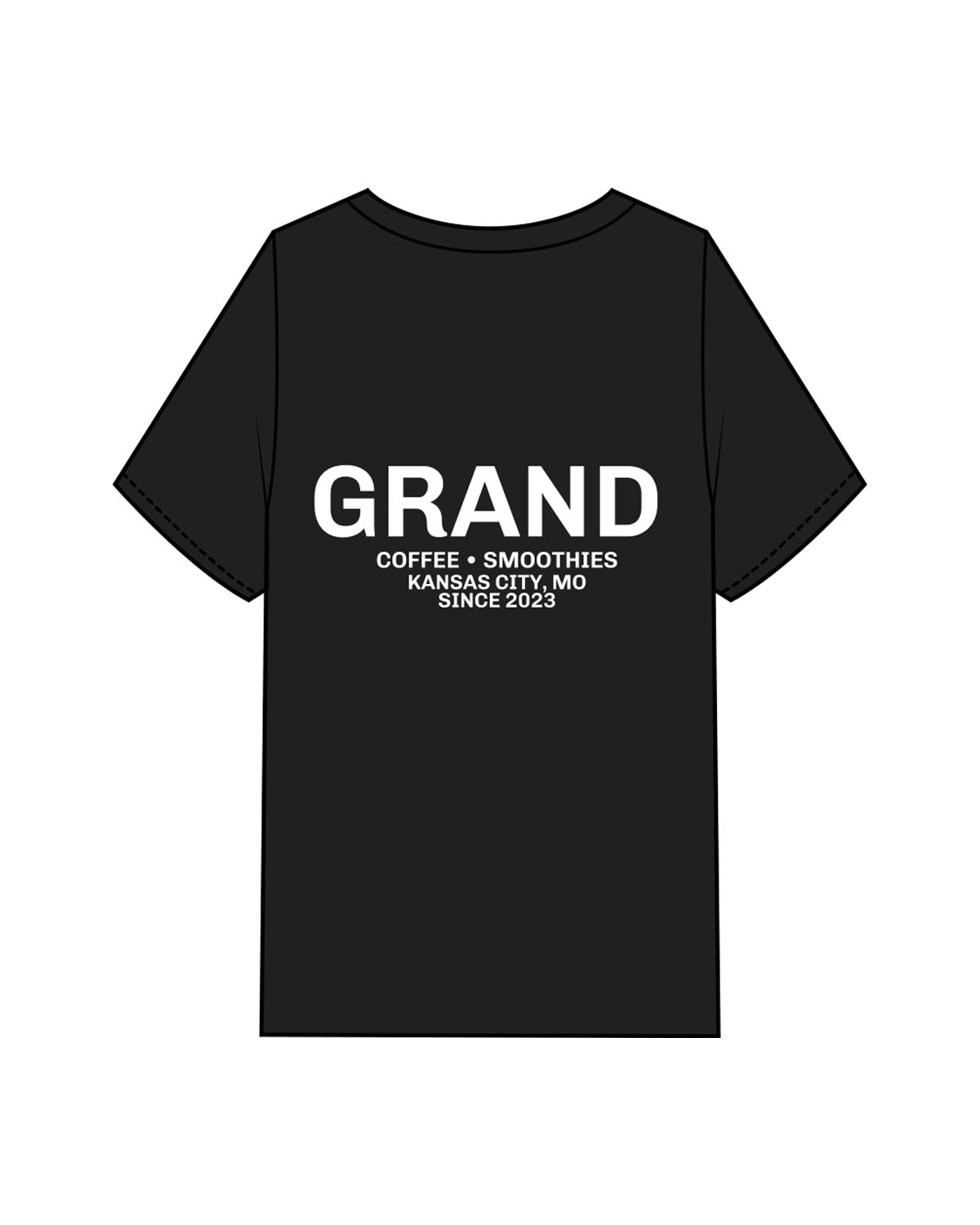 The Mens Heavyweight Tee - Black - Grand Co - Left & Right Upper Chest - Back Stacked - Printed - White