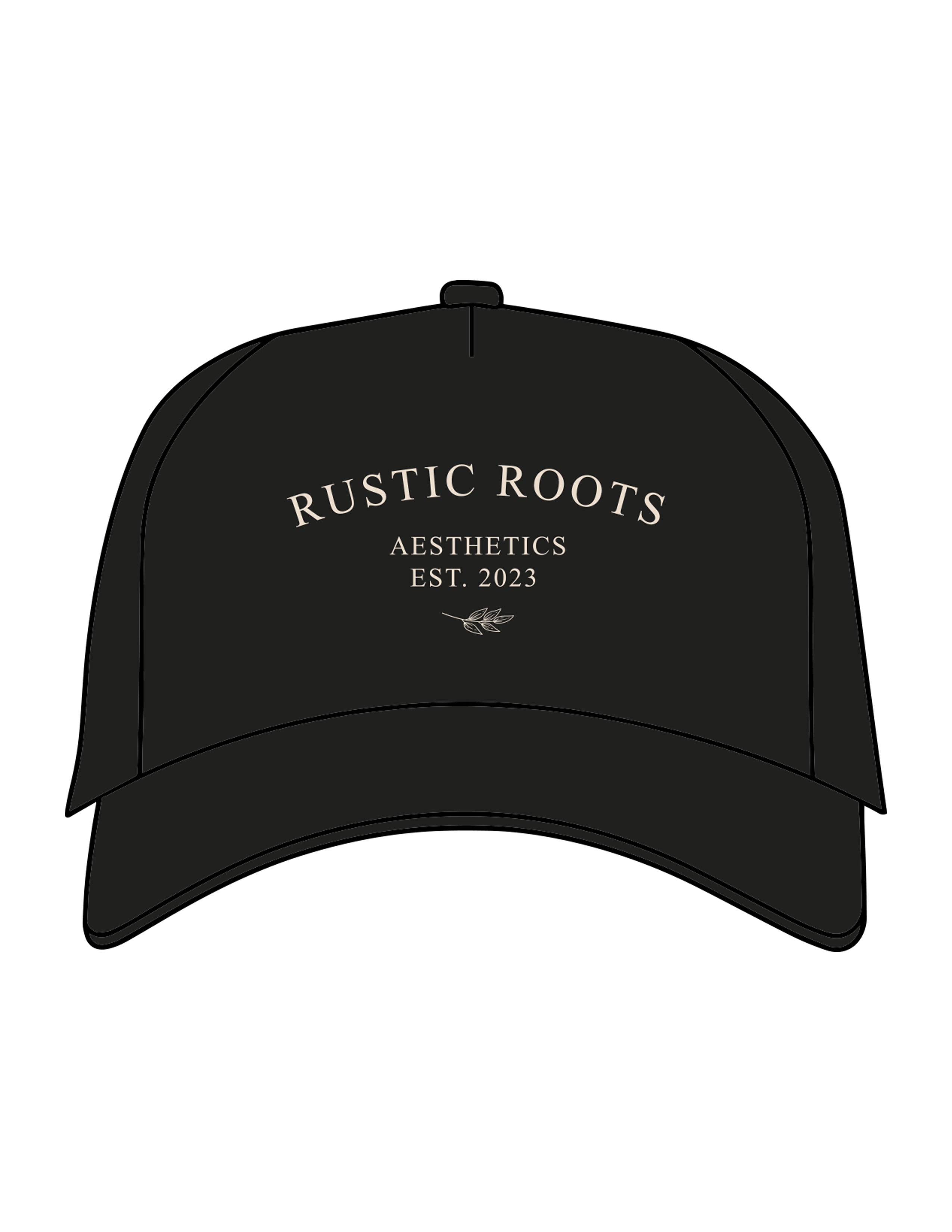 The Canvas Cap - Black - Rustic Roots Asthetics - Center Crown Stacked - Embroidered - Ivory