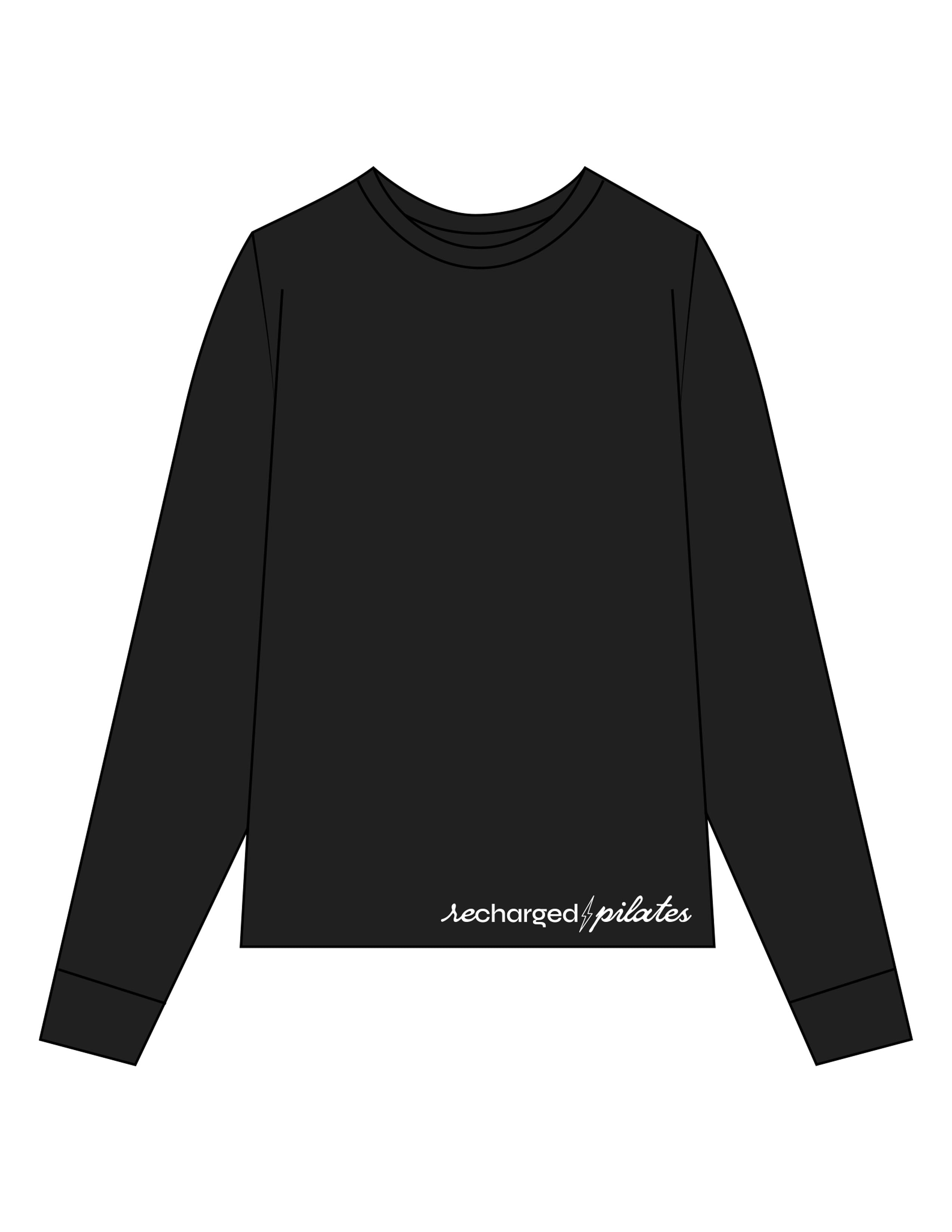 The Mens Long Sleeve - Black - RECHARGED PILATES - Front Bottom - Printed - White