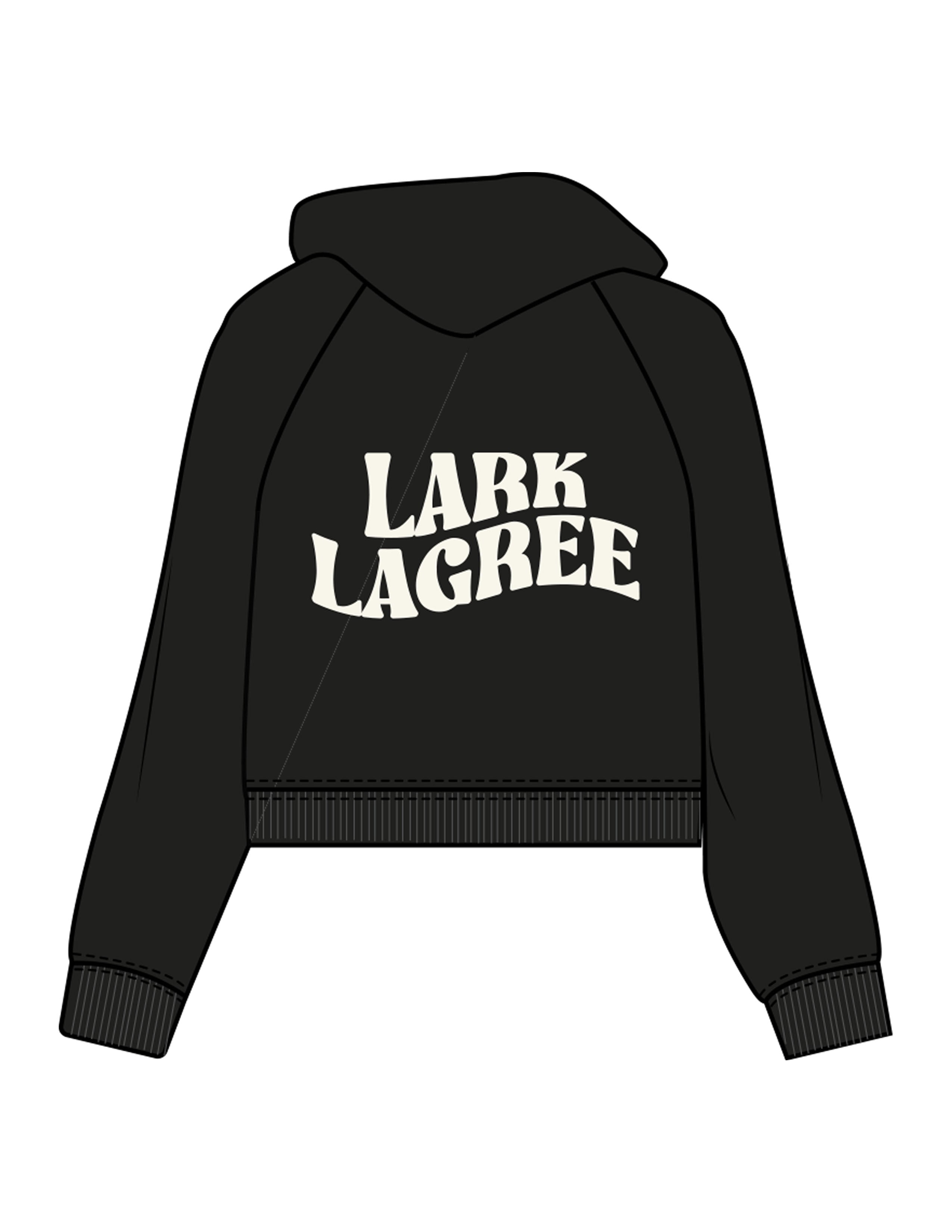 The Womens Crop Hoodie - Black - Pure Movement LARK - Left Chest & Back Stacked - Printed - Off White