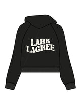 The Womens Crop Hoodie - Black - Pure Movement LARK - Left Chest & Back Stacked - Printed - Off White