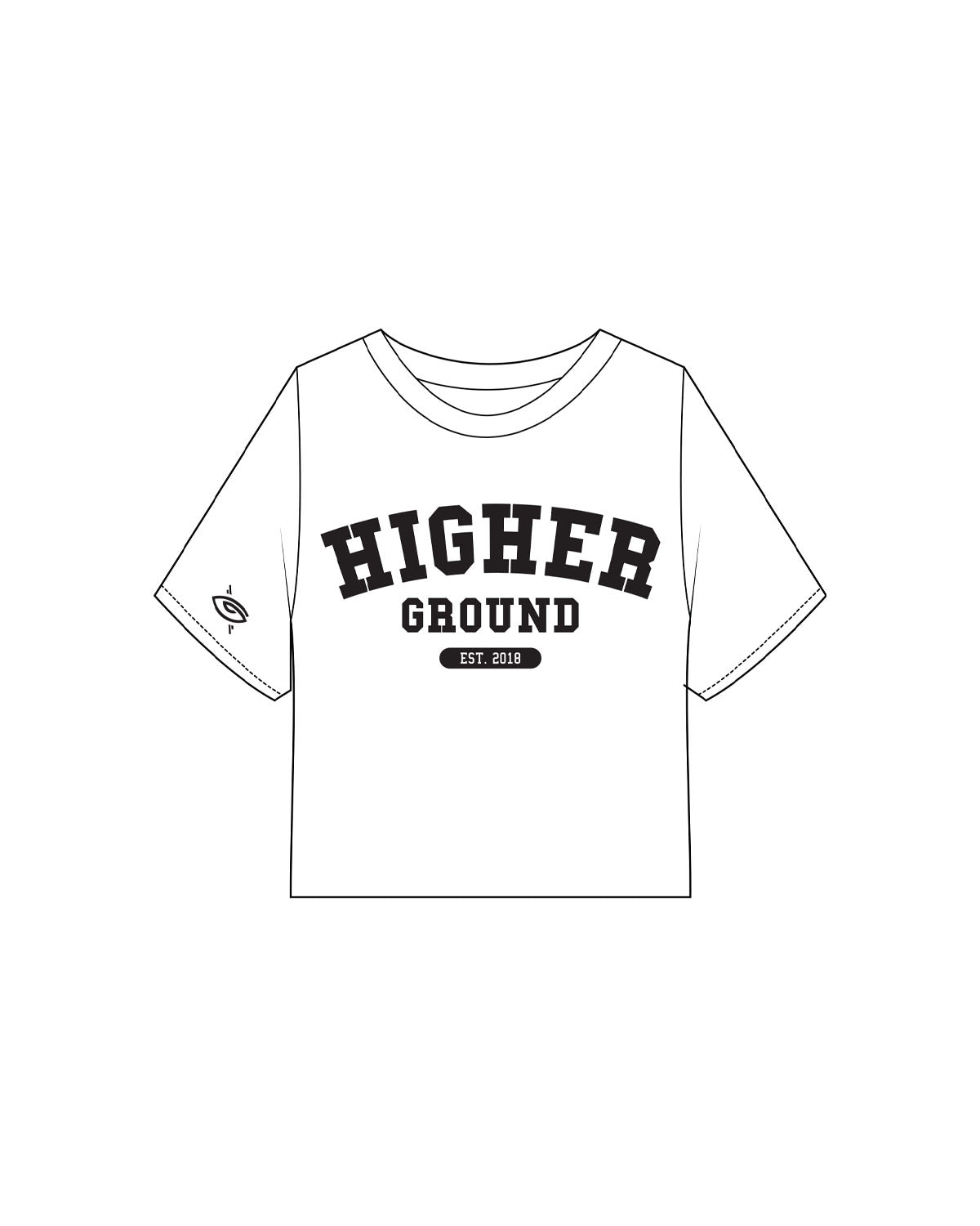 The Womens Heavyweight Tee - White - Higher Ground - Center Chest Stacked & Right Sleeve Logo - Printed - Black