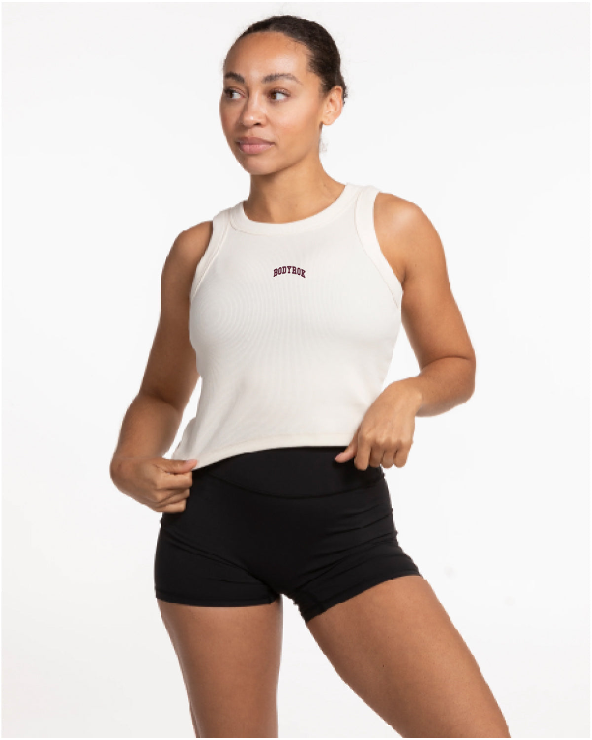 The Ribbed Crop Tank - Off White - BODYROK Employee - Center Chest - Embroidered - Bordeaux - (Windsor Wine - Pantone 19-1528 TCX)