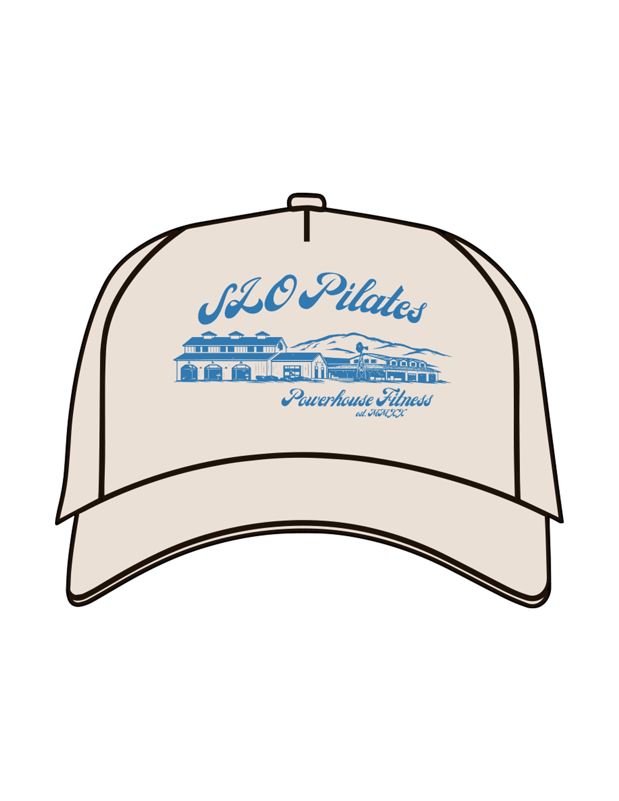 The Foam Trucker Hat - Bone - Powerhouse Fitness - Center Crown "PILATES" - Printed - Blue
