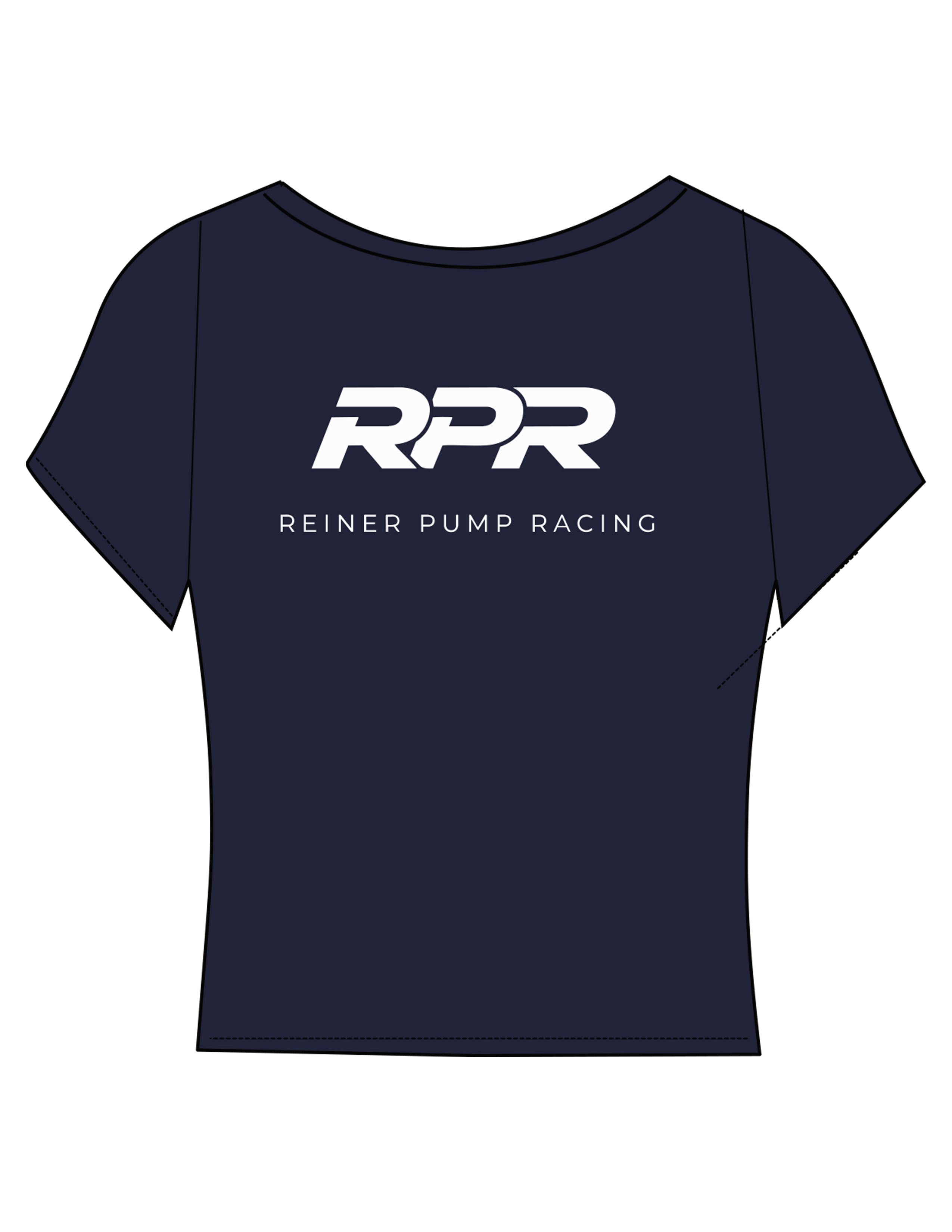 The Sporty Crop Short Sleeve - Navy - Reiner Pump Systems - Center Chest & Back Stacked - Printed - White