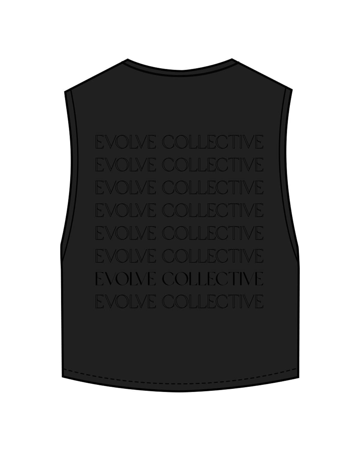 The Crop Muscle Tank - Black - Evolve Collective - Left Chest & Back Stacked - Printed - Tone on Tone