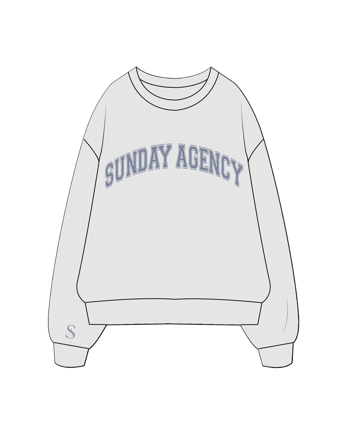 The Mens Crewneck - White Heather - Sunday Agency - Center Chest Arc & Right Wrist - Printed - Storm Blue