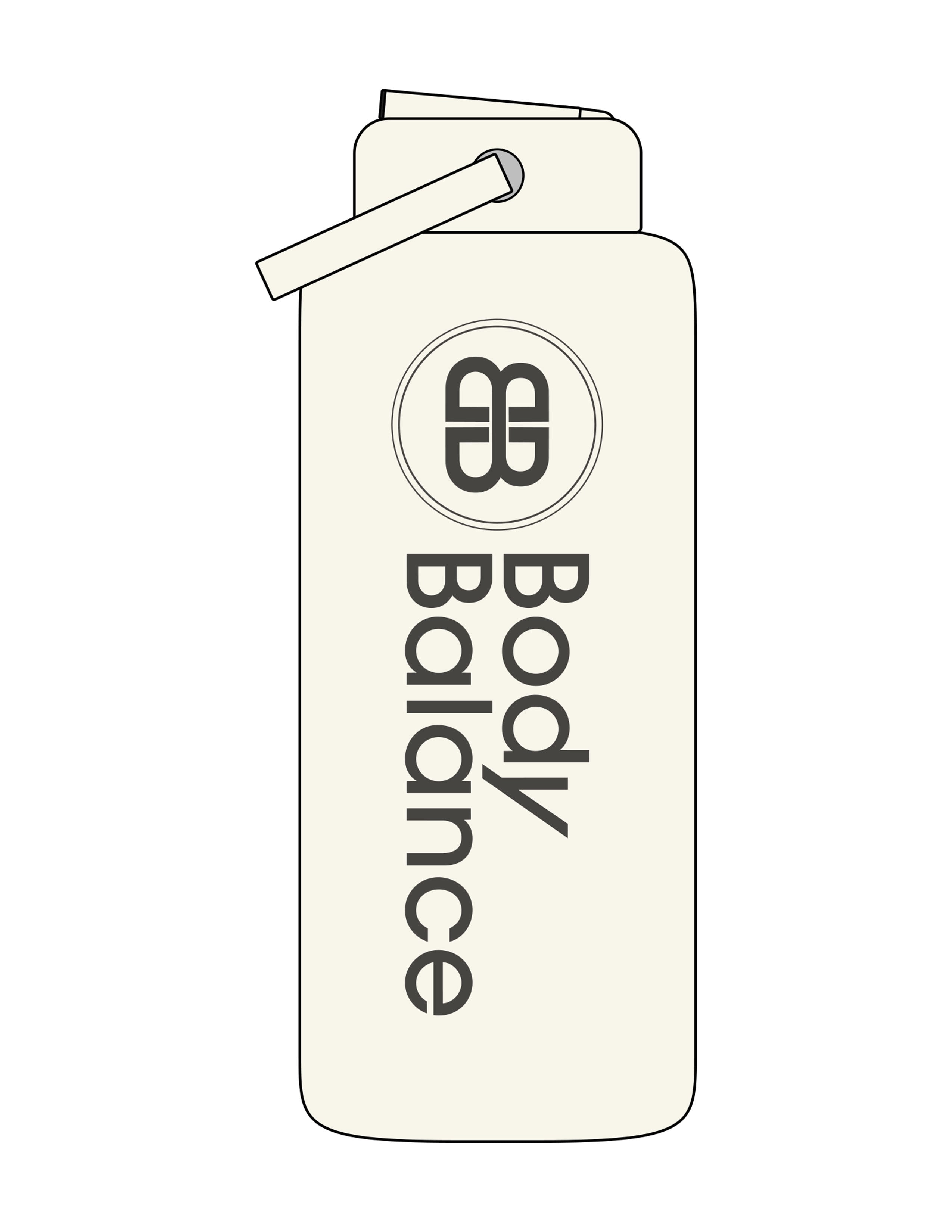 The Wide Mouth Water Bottle - Off White - Body Balance - Center Body Stacked - Printed - Charcoal