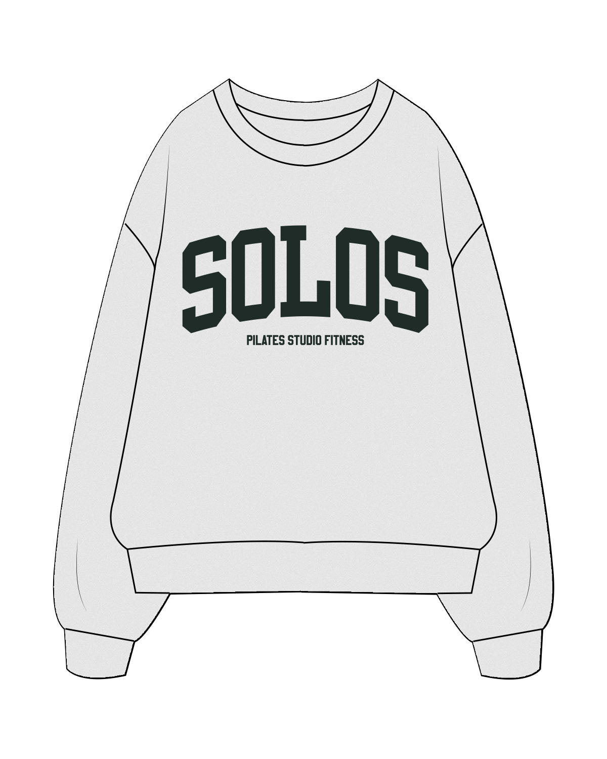 The Mens Crewneck - White Heather - Solos Pilates - Center Chest Stacked - Printed - Dark Forest