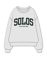 The Mens Crewneck - White Heather - Solos Pilates - Center Chest Stacked - Printed - Dark Forest