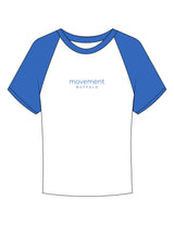 The Micro Rib Baby Tee - White / Royal - Movement Pilates Buffalo - Center Chest Stacked - Printed - Royal