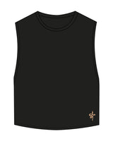The Crop Muscle Tank - Black - Ritual Indoor Cycling - Bottom Left & Center Back Stacked Logo - Printed - Full Color