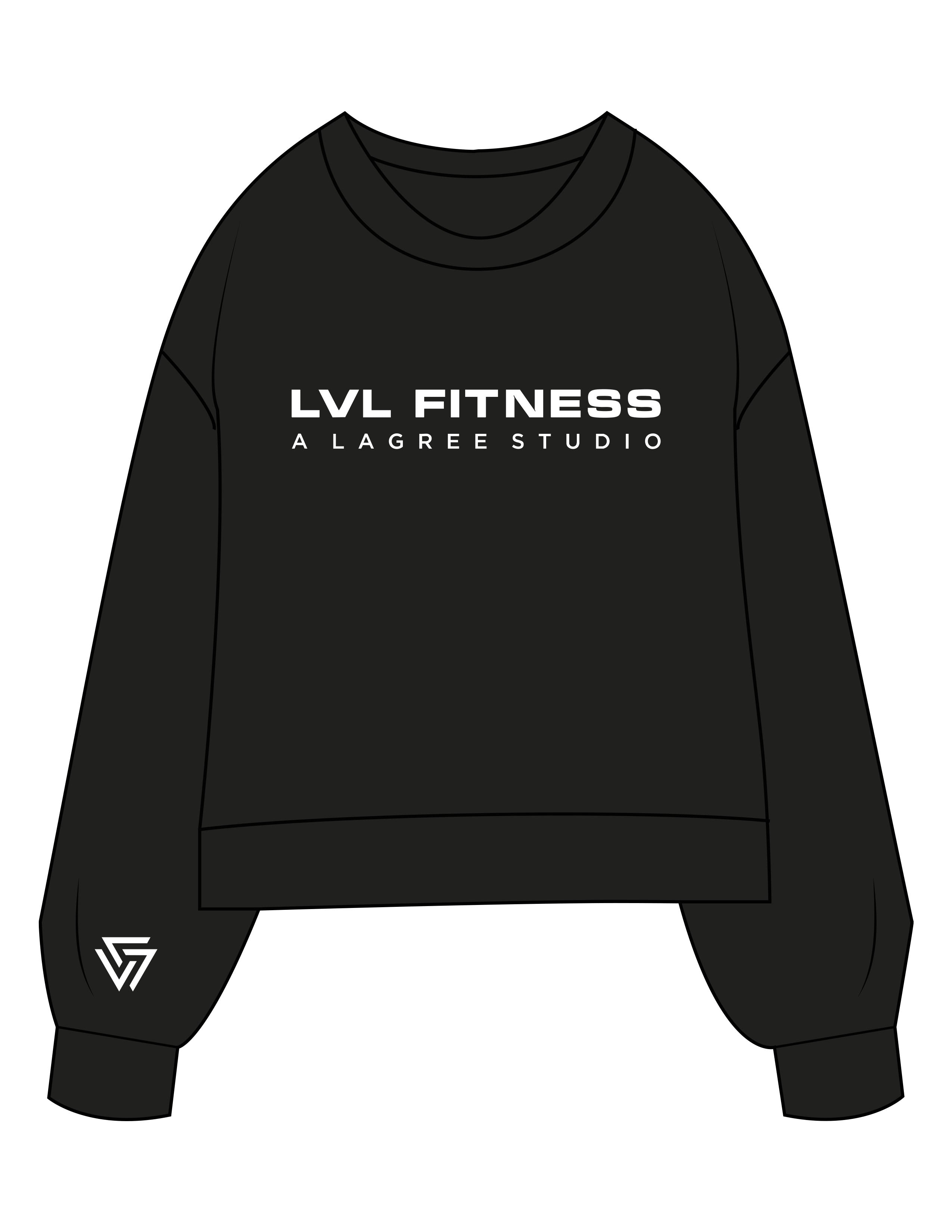 The Womens Sueded Crewneck - Black - LVL - Center Chest Stacked & Right Sleeve - Printed - White