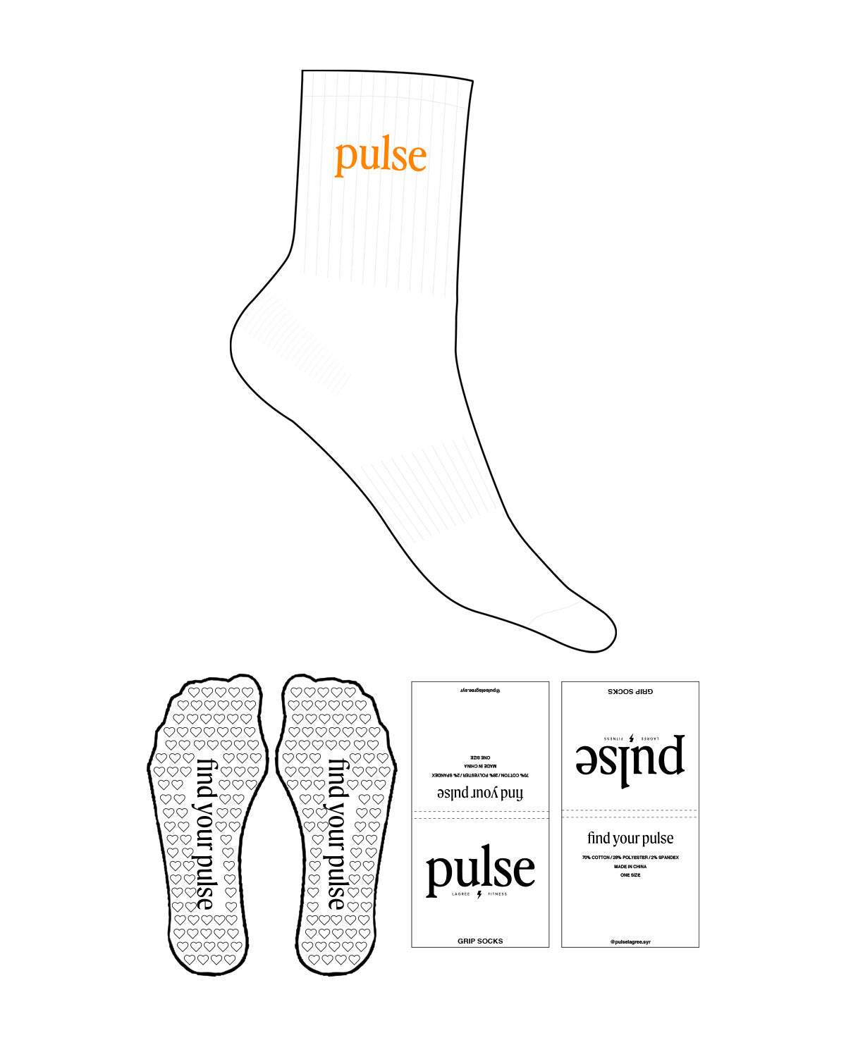 The 3/4 Crew Sock - White - Pulse Lagree Fitness - Top Logo - Orange - Heart Shape Grip - Transparent