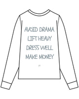 The Womens Oversized Long Sleeve - White - Primarie Pilates - Center Chest & Back Stacked - Printed - Blue Gray