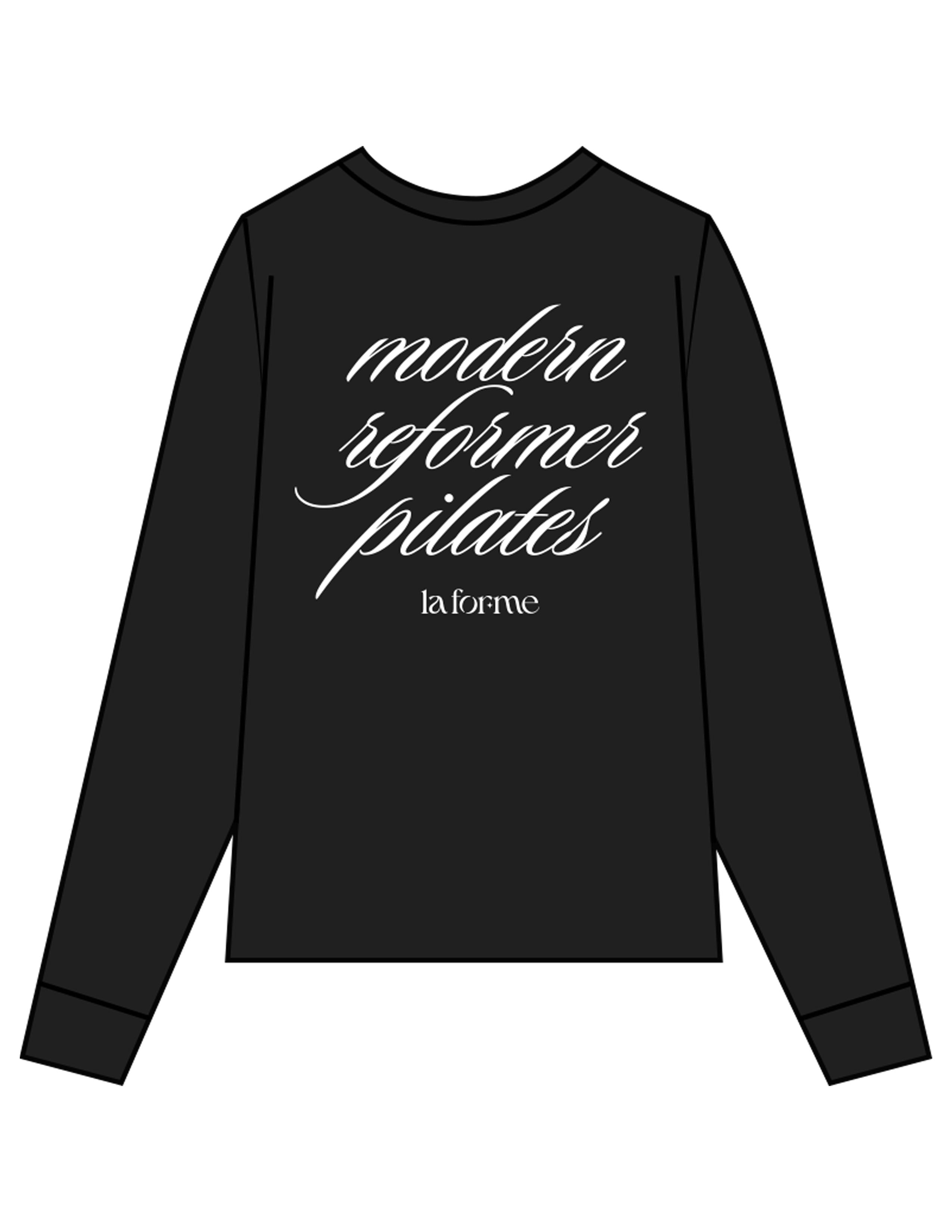 The Womens Oversized Long Sleeve - Black - LA FORME PILATES - Right Sleeve & Back Stacked - Printed - White