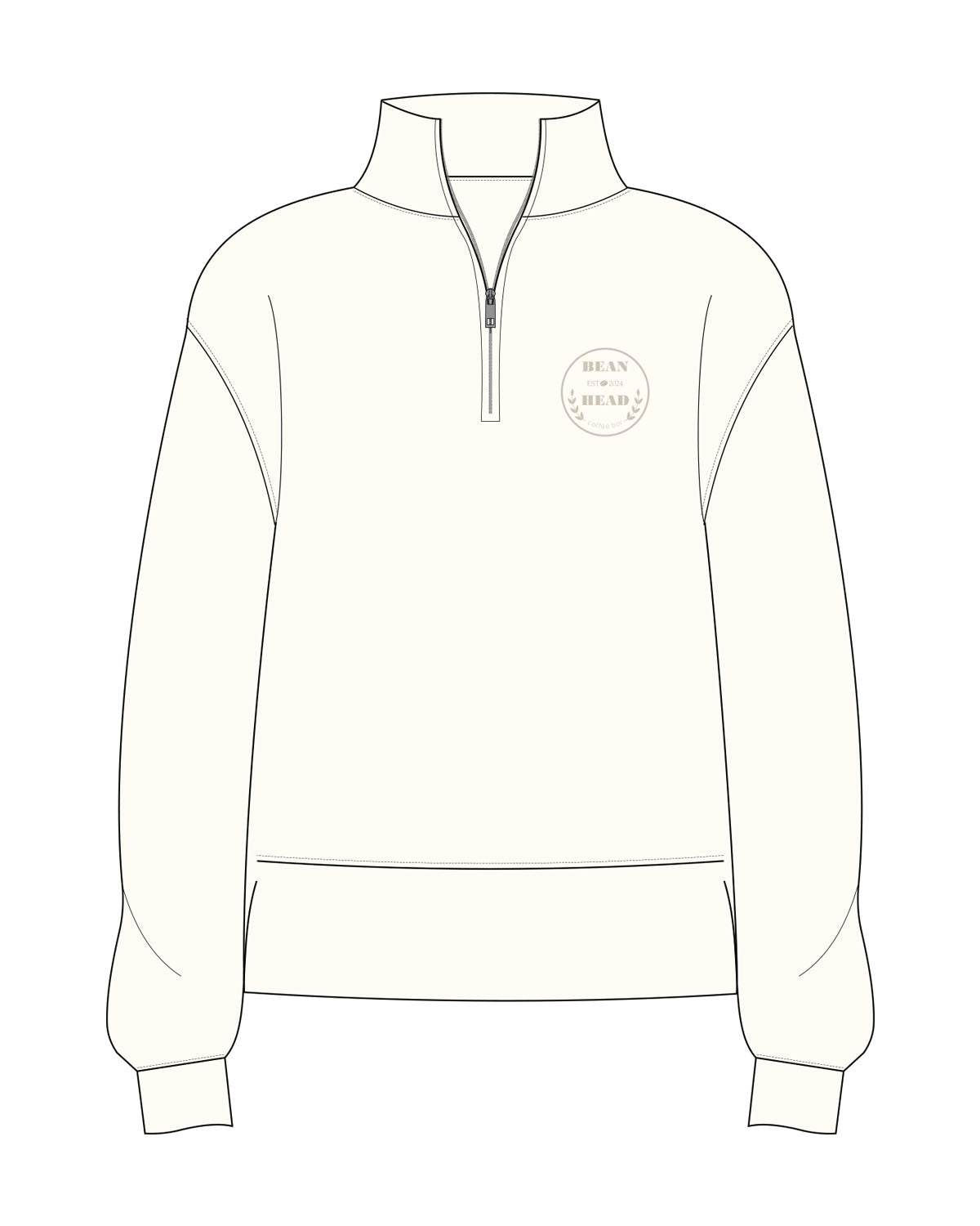The Mens 1/4 Zip - Off White - Bean Head - Left Chest Round - Embroidered - Tone on Tone