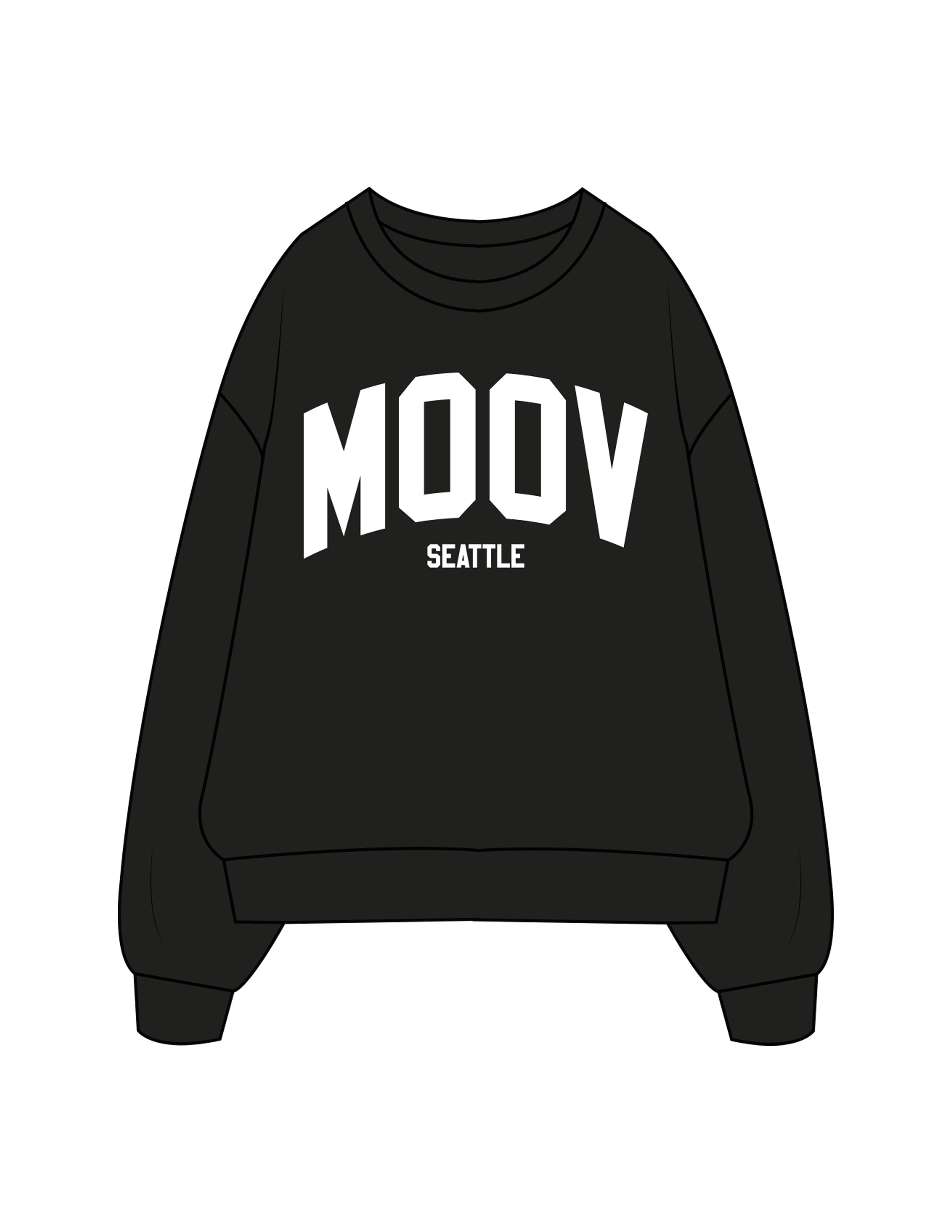 The Mens Crewneck - Black - Moov Seattle - Center Chest Stacked - Printed - Puff - White