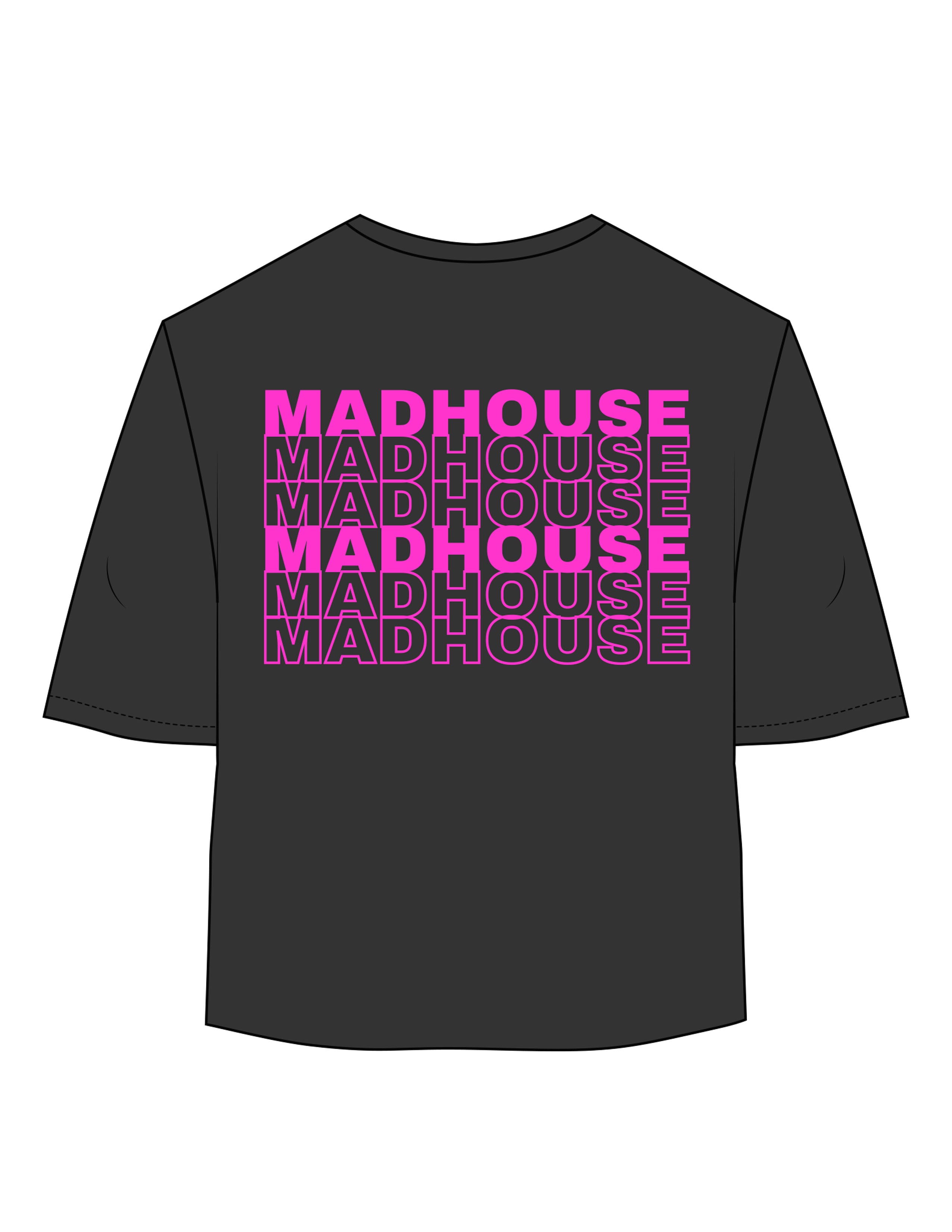 The Womens Oversized Tee - Black - Mad House - Chest Stacked & Back Stacked - Printed - Pink