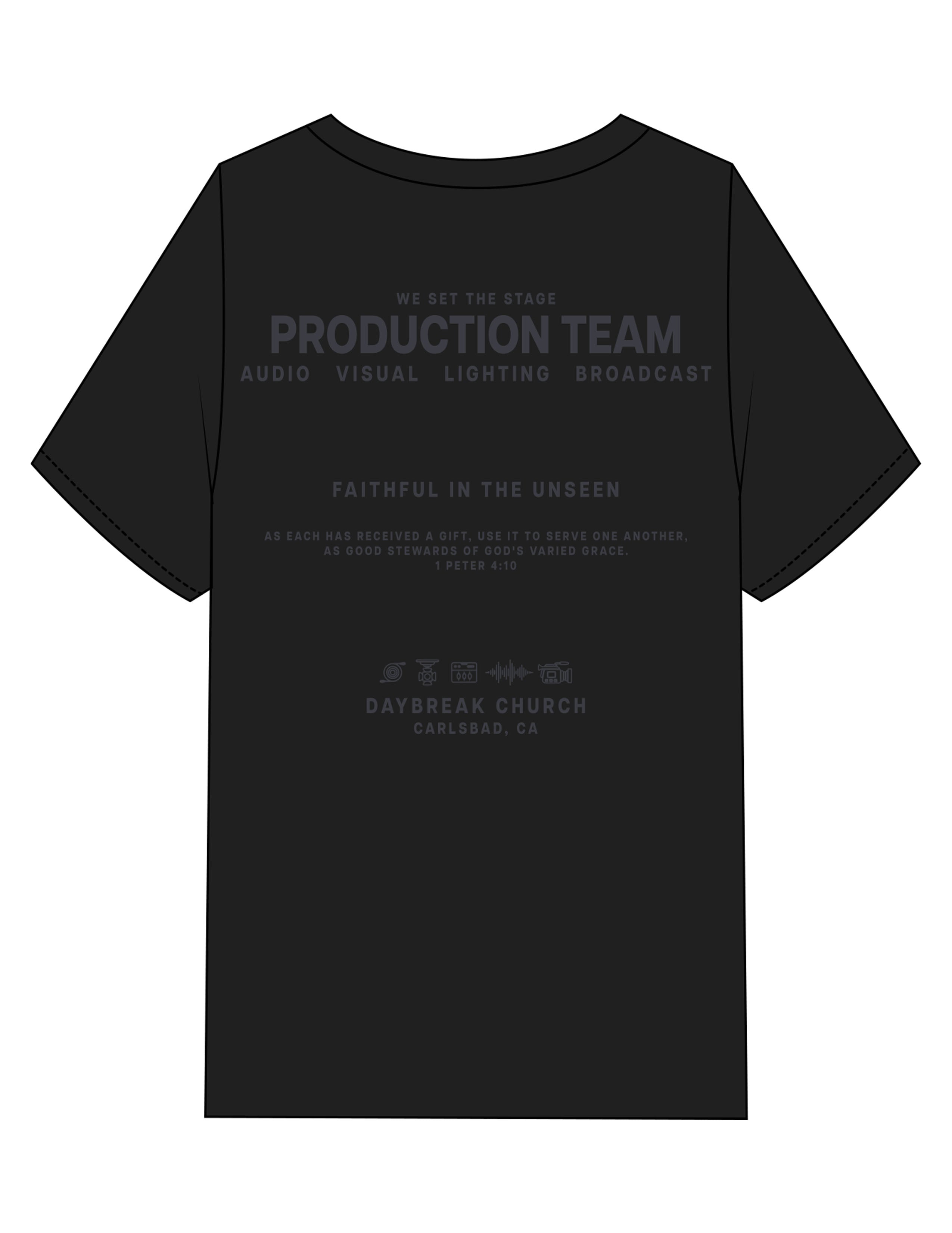The Mens Heavyweight Tee - Black - Daybreak Church - Back Stacked - Printed - Dark Gray