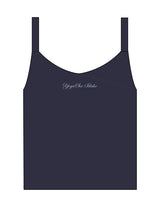 The Micro Rib Strappy Crop Tank - Navy - YogaSix Idaho - Upper Chest Script - Printed - Baby Blue